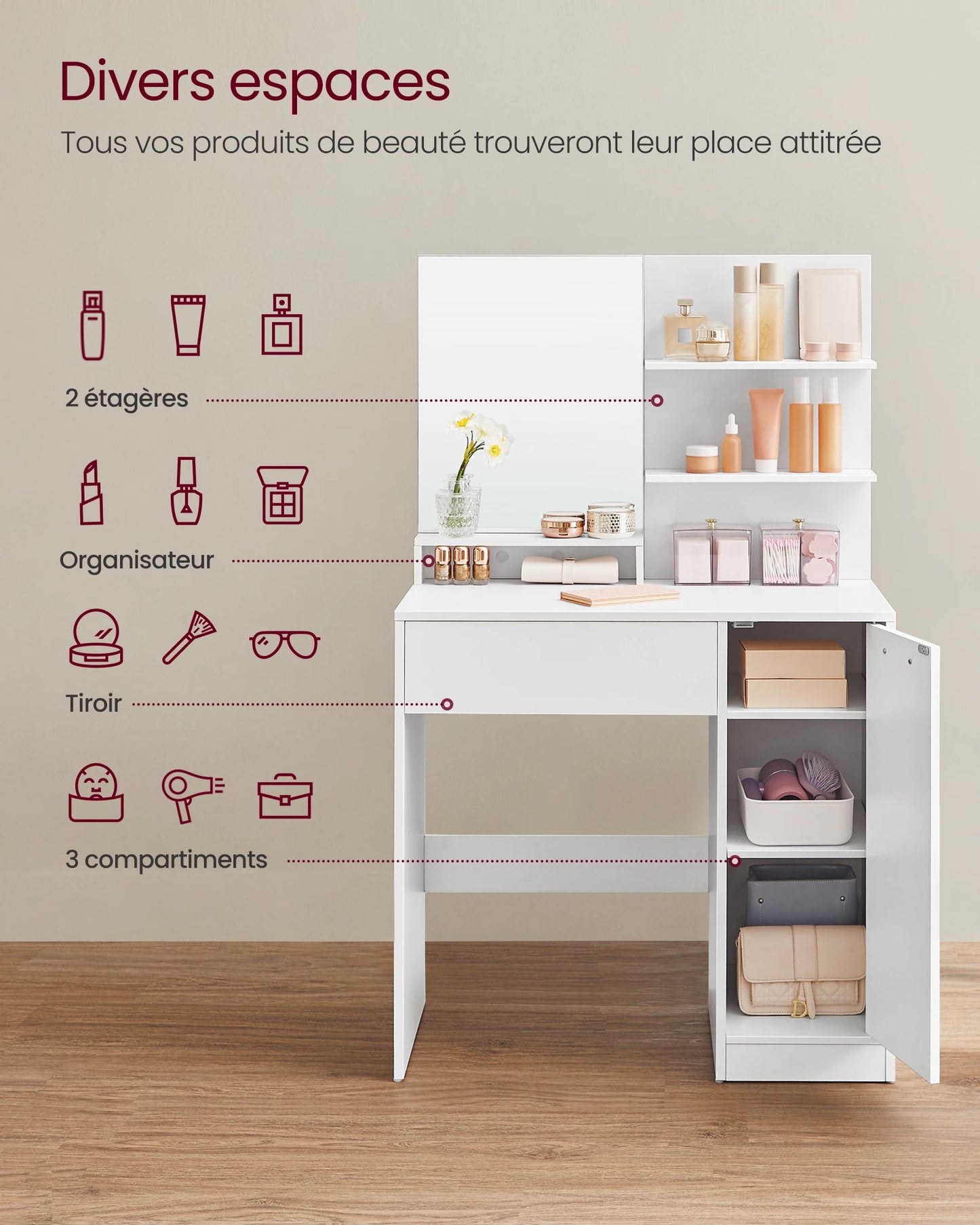 Coiffeuse de maquillage SANS TABOURET
